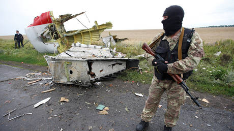 FILE PHOTO. A rebel fighter stands at the crash site of Malaysia Airlines flight MH17 in eastern Ukraine.