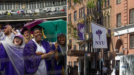 (L) Graduating students celebrate at the conclusion of New York University's commencement ceremony © AFP / GETTY IMAGES NORTH AMERICA / Drew Angerer; (R) New York University Building © Wikimedia / Jonathan71