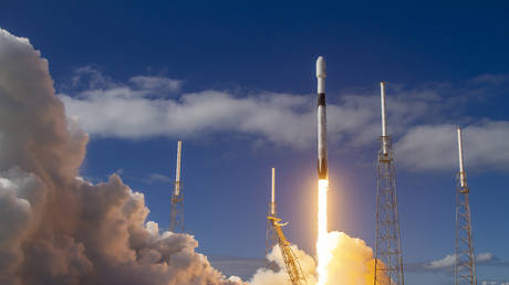 The SpaceX Falcon 9 rocket carrying the Starlink satellites lifts off from Launch Pad 39A at the Kennedy Space Center in Cape Canaveral, Florida, on November 11, 2019.