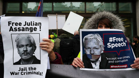 A demonstration in support of Julian Assange outside of Westminster Magistrates Court in London.