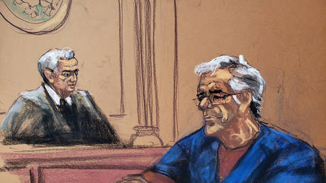 Jeffrey Epstein looks on near Judge Richard Berman during a bail hearing in his sex trafficking case, in this court sketch in New York, July 18, 2019.