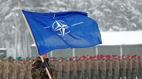 A soldier carries the NATO flag  in Rukla military base, Lithuania