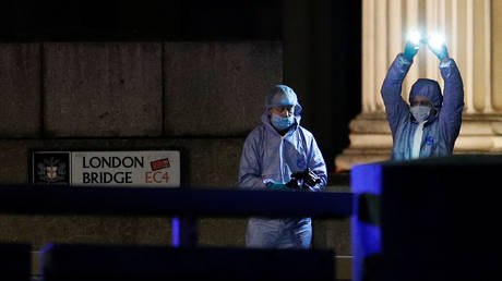Forensics officers at the site of the terrorist attack on London Bridge on November 29, 2019.