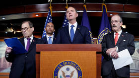 House Intelligence Committee chair Adam Schiff (D-CA), flanked by senior House Democrats, after the impeachment resolution is voted on the House Floor, October 31, 2019
