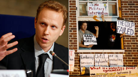(L) FILE PHOTO: Max Blumenthal; (R) FILE PHOTO: Activists opposed to US-intervention in Venezuela occupy the country's embassy in Washington, DC. © Facebook / Max Blumenthal; Reuters / Carlos Barria