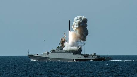 FILE PHOTO. A Russian Navy ship launches Kalibr cruise missile during military drills.