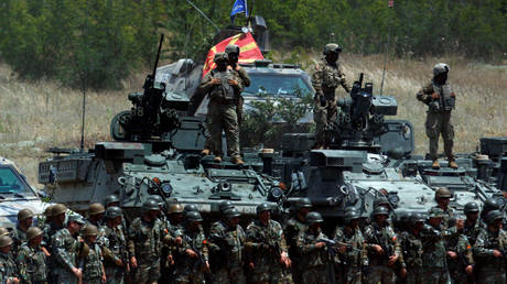 NATO soldiers line up for a photo shoot after the end of the Decisive Strike exercise hosted by North Macedonia with US, Albania, Bulgaria and Lithuania's armed forces, June 17, 2019