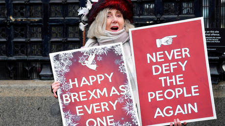 A pro-Brexit demonstrator holds a sign outside the Houses of Parliament in London, Britain, December 17, 2019. © REUTERS/Toby Melville