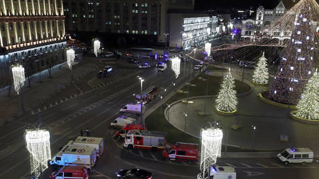 Police vehicles, ambulances and firetrucks on Lubyanka Square near the Federal Security Service (FSB) building after a shooting incident, in Moscow, December 19, 2019.