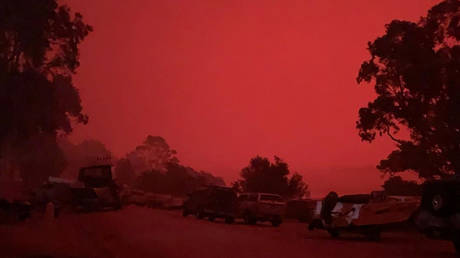 Tourists and locals attempt to flee brush fires in Mallacoota, Australia, December 31, 2019.