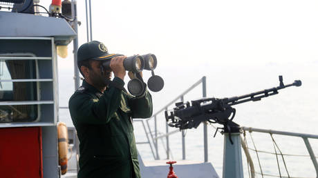 FILE PHOTO: An IRGC officer looks through binoculars on a boat in coastal water during the annual military parade in Bandar Abbas, Iran September 22, 2019.