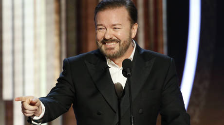 Ricky Gervais speaks onstage during the 77th Annual Golden Globe Awards at The Beverly Hilton Hotel on January 5, 2020 in Beverly Hills, California