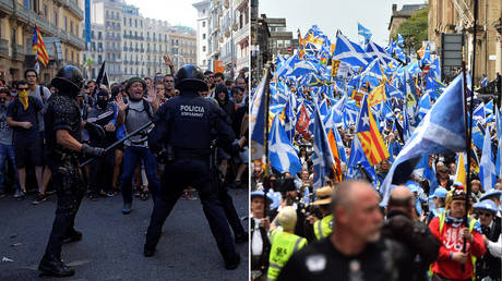 (L) Catalan separatist protesters clash with police © Reuters / Jon Nazca; (R) Scottish independence protesters march in Glasgow © AFP / ANDY BUCHANAN