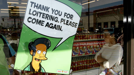 A poster with Apu at 7-Eleven in Burbank, California.