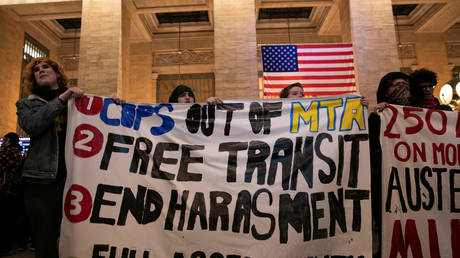 Demonstrators protest an increased police presence in the subway system at Grand Central in the Manhattan borough of New York City, January 31, 2020.