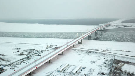 FILE PHOTO. Aerial picture of the first highway bridge connecting China and Russia across the Amur river.