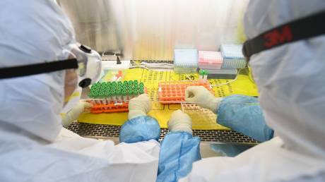 Workers in protective suits examine specimens inside a laboratory following an outbreak of the novel coronavirus in Wuhan. © Reuters / China Daily