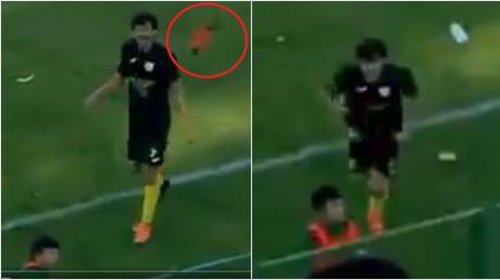 Sticking the boot in: Tunisian footballer sent off for attacking cheeky ball boy who chucked his boot into crowd (VIDEO)