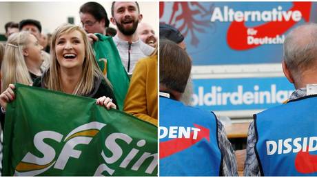 (L)  Supporters of Ireland's left-wing Sinn Fein © Reuters / Henry Nicholls, (R) Supporters of Germany's right-wing AfD © Reuters / Michele Tantussi