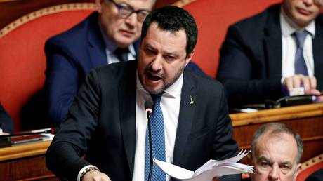 Former Italian Deputy Prime Minister Matteo Salvini speaks at the Senate ahead of a vote on lifting his immunity, in Rome, Italy, on February 12, 2020.