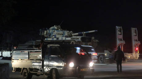 Turkish military vehicles at the Syrian-Turkish border, in Idlib governorate, Syria, February 9, 2020.