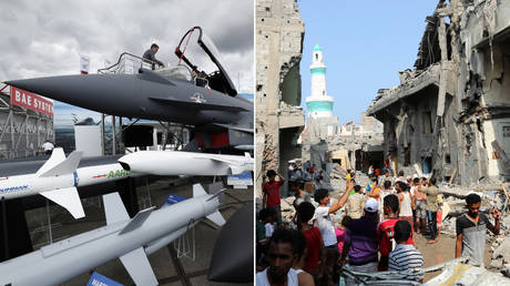 (L) Eurofighter Typhoon jet at BAE Systems exhibition © AFP / Adrian DENNIS; (R) Yemenis gather after Saudi-led air strikes © AFP / STRINGER
