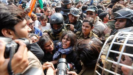 During a protest against a new citizenship law outside the Jamia Millia Islamia university in New Delhi
