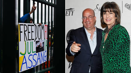 Protests against extradition of Julian Assange (left); CNN president Jeff Zucker and anchor Christiane Amanpour (right) © Getty Images / Peter Summers; REUTERS/Shannon Stapleton