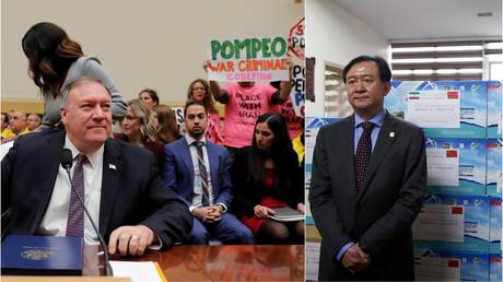 L: Pompeo speaks at House committee hearing R: China prepares to ship masks to Iran © Reuters / Carlos Barria / Wana News Agency