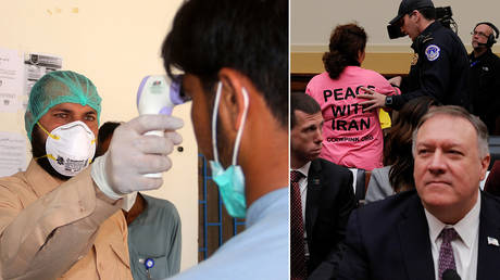 (L) FILE PHOTO; (R) A protester is removed by a police officer as US Secretary of State Mike Pompeo attends a House Foreign Affairs Committee hearing in Washington, DC, February 28, 2020. ©  Reuters / Carlos Barria;  Reuters / Naseer Ahmed