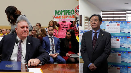 (L) Pompeo speaks at House committee hearing (R) China prepares to ship masks to Iran © Reuters / Carlos Barria; Wana News Agency