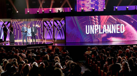 FILE PHOTO: Actress Ashley Bratcher and "Unplanned" co-stars accept a film award onstage during the 7th Annual K-LOVE Fan Awards at The Grand Ole Opry House in Nashville, Tennessee.