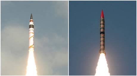 India's Agni-V ballistic missile (L) and Pakistan's Hatf-VI nuclear-capable missile (R) © Indian Defence Research and Development Organisation; inter-Services Public Department / Handout via Reuters