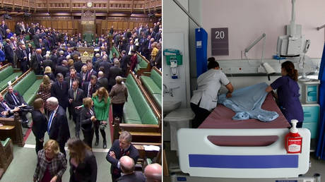 (L) File Photo: MPs in the House of Commons © REUTERS / Parliament TV; (R) Nurses prepare a bed at St Thomas' Hospital © REUTERS / Stefan Wermuth