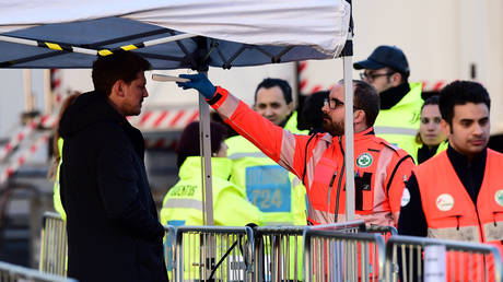 Citizens being screened for coronavirus outside Allianz Stadium in Turin, Italy