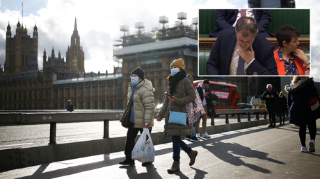 (Main) People wearing face masks walk across Westminster Bridge © REUTERS / Henry Nicholls (Top right) UK health minister Edward Argar © parliament tv