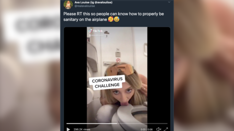 WATCH: TikTok user kicks off stomach-churning ‘coronavirus challenge’ by LICKING toilet seat on plane