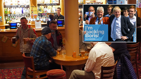 (Top right) PM Boris Johnson and his father Stanley © REUTERS / Dylan Martinez (Main) People socialise in a pub in Streatham © REUTERS / Hannah McKay