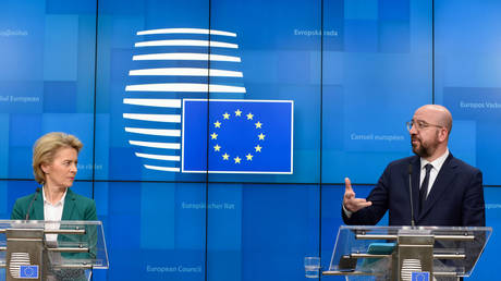 European Commission President Ursula von der Leyen and European Council President Charles Michel in Brussels, Belgium, March 16, 2020.
