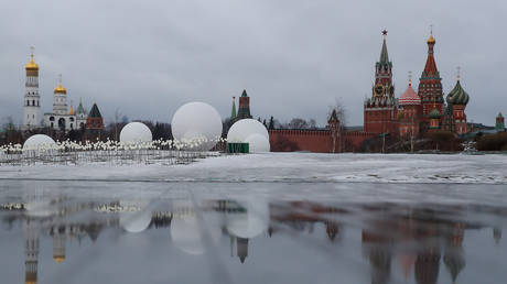 A view of the Kremlin and St Basil’s Cathedral from Zaryadye park in central Moscow, Russia, February 3, 2020.