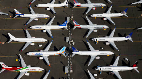 FILE PHOTO: Grounded Boeing 737 MAX aircraft are seen parked in an aerial photo at Boeing Field in Seattle, Washington.