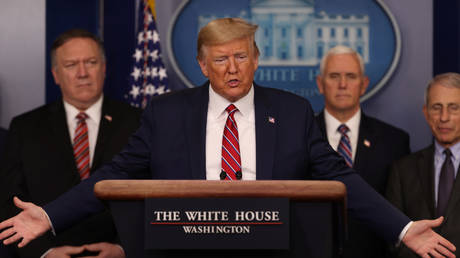 US President Donald Trump addresses the coronavirus response daily briefing at the White House in Washington, March 20, 2020.