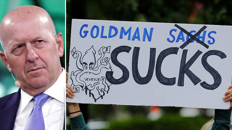 FILE PHOTOS: (L) Goldman Sachs CEO David Solomon; (R) A protester holds a sign as she demonstrates outside of Goldman Sachs' headquarters in New York City. ©  Reuters / Shannon Stapleton;  Reuters / Lucas Jackson