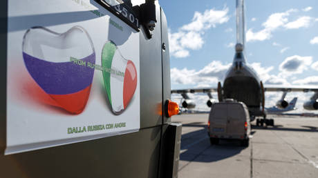 Russian servicemen load medical equipment and special disinfection vehicles into cargo planes while sending the supply to Italy, hit by the outbreak of coronavirus disease (COVID-19), at a military airdrome in Moscow region, Russia March 22, 2020