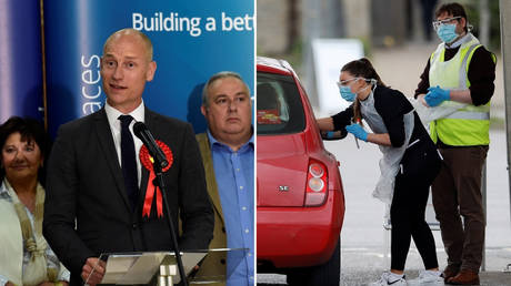 (L) Labour MP Stephen Kinnock © REUTERS / Rebecca Naden (R) Medical staff at an NHS drive through Covid-19 testing facility © REUTERS / Peter Nicholls