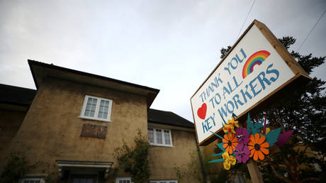A sign thanking key workers amid the spread of Covid-19 in Herne Hill, London, Britain March 30, 2020