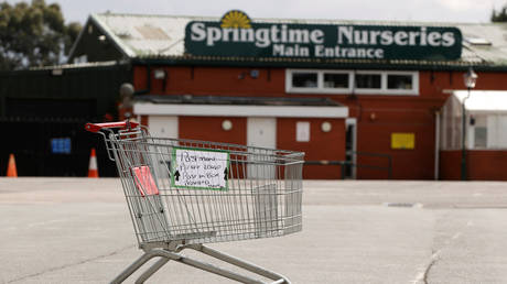 A sign is seen on a trolley at a closed store in Crews Hill as the spread of the coronavirus disease continues, Enfield, Britain on March 31, 2020.