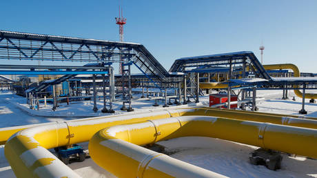Gas pipelines are pictured at the Atamanskaya compressor station, facility of Gazprom's Power Of Siberia, Russia