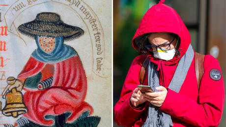(L) Leper woman with a bell, 14th century © Global Look Press / Heritage-Images; (R) A man wearing a face mask views his mobile phone in central London, March 11, © Global Look Press / Keystone / Steve Taylor