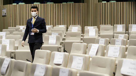 The Press room of the EU Council, March 17, 2020 in Brussels, Berlgium